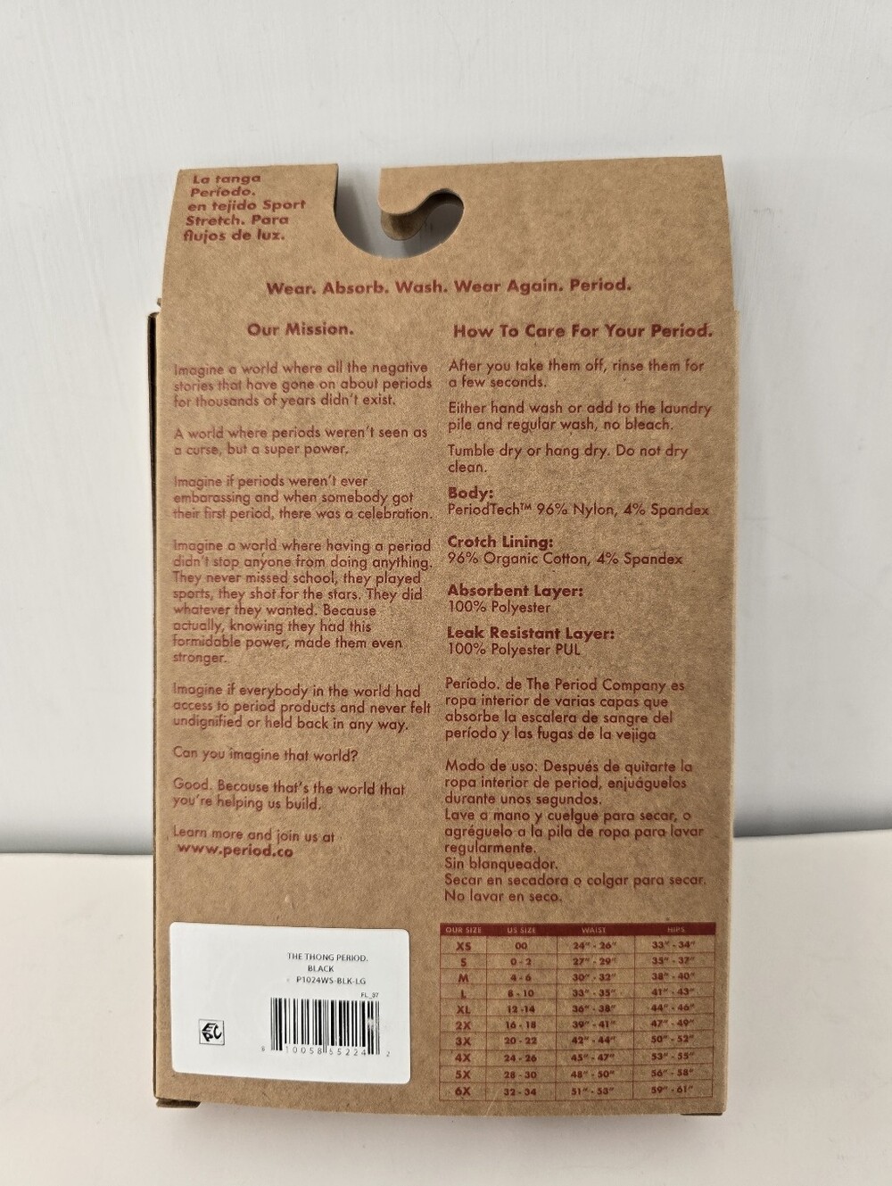 Period. The Thong In Sporty Stretch For Light Flow Organic Cotton Blend NIB Sz L - Picture 7 of 9